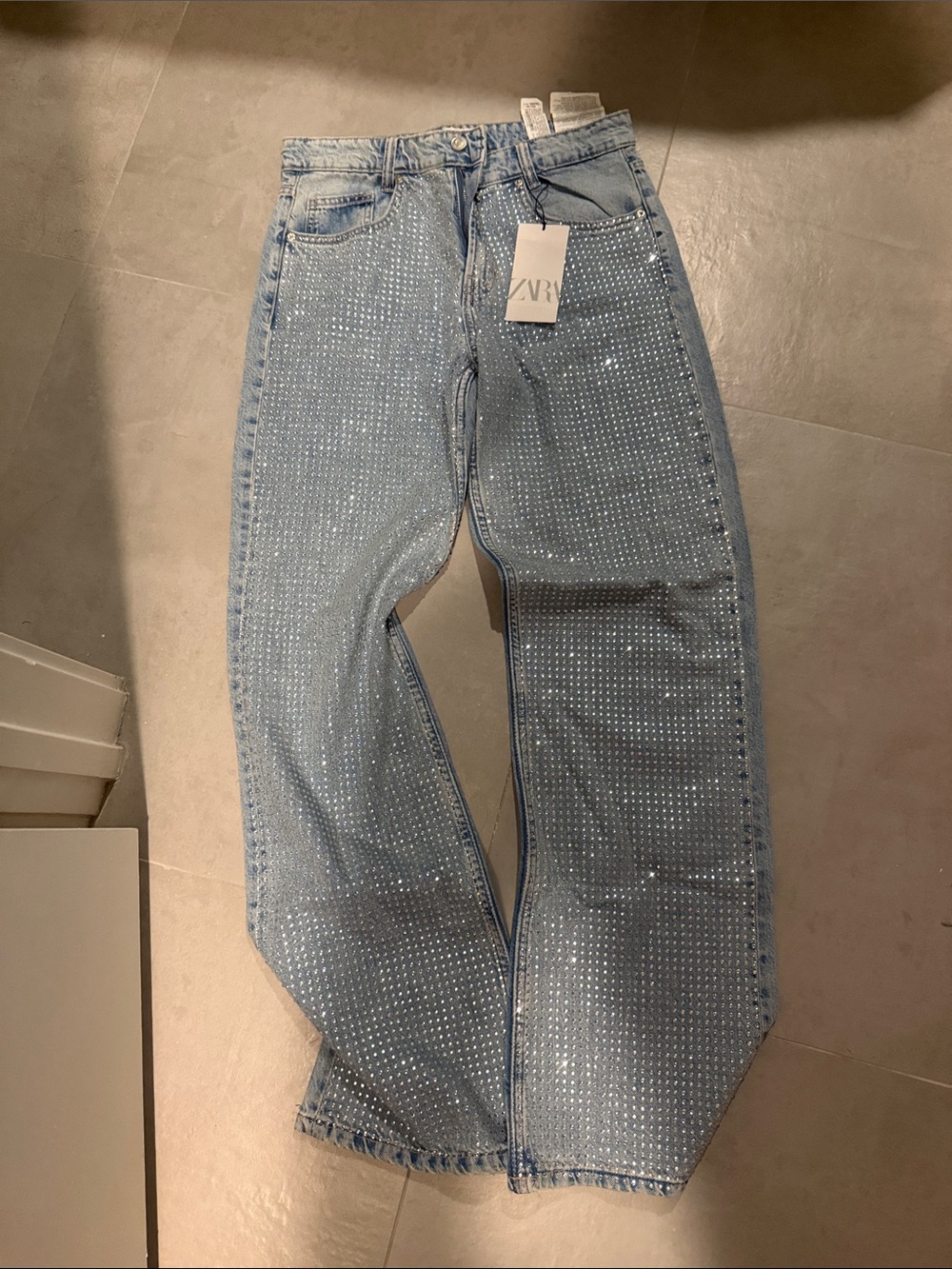 Zara Light Blue Rhinestone Straight-Leg Jeans